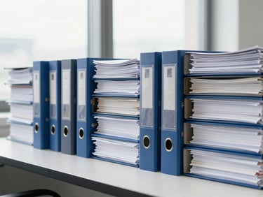 Organized stack of business documents and binders on a modern desk, cool tones, bright natural office daylight, sharp focus, architectural framing, 35mm