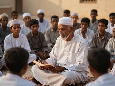Elderly Somali scholar reciting poetry, surrounded by young attentive students, warm natural light, dignified and respectful atmosphere.
