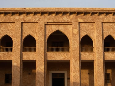 Architectural detail of a historic building in Lasanod, golden hour light, rich earth tones, sense of permanence and potential.