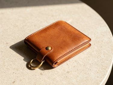 Close-up of a minimalist tan leather wallet and brass key loop on a textured plaster table, harsh sunlight, 35mm.