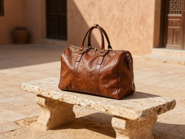 A rich brown leather weekender bag on a raw stone bench in a quiet Moroccan riad courtyard, sharp shadows, warm sand tones.
