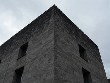 Low-angle heroic shot of brutalist concrete building facade against an overcast alpine sky, deep shadows, 35mm