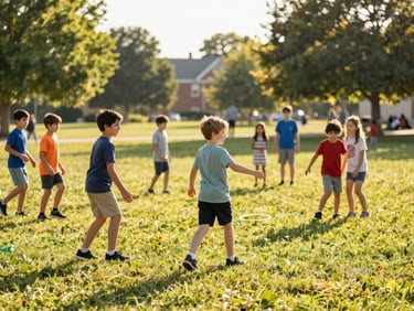 Candid shot of children playing outdoor games on a sunny day at an Ohio park, families in background, warm natural light