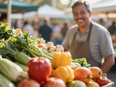 Close up of colorful fresh produce at an outdoor market stall, friendly local farmer smiling in soft focus background, warm daylight
