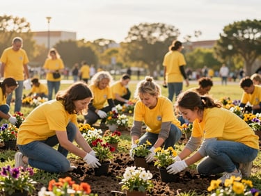 Multi-generational volunteers working together to plant flowers in a public park, warm golden-hour sunlight, active and friendly