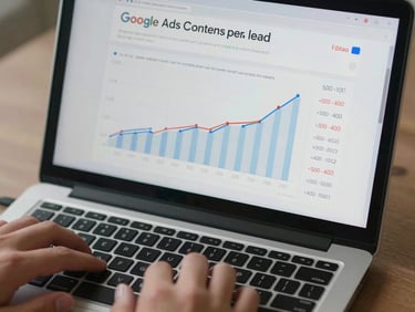 Close-up overhead shot of a laptop screen displaying Google Ads conversion metrics and cost-per-lead graphs, hands resting on keyboard at the bottom edge, cool professional studio daylight, sharp focus on the data