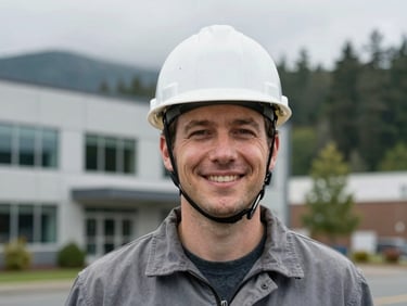 Headshot of a confident male engineer in a hardhat, smiling, against a blurred backdrop of the Roseburg office exterior, overcast natural daylight, cool slate and forest green tones, sharp focus, 35mm, documentary engineering photography.