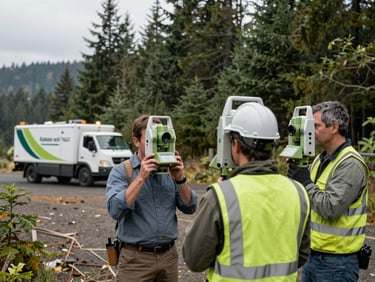 Medium shot of two surveyors with total station equipment in a forested Oregon landscape, branded engineering vehicle in background, overcast natural daylight, cool slate and forest green tones, sharp focus, 35mm, documentary engineering photography.