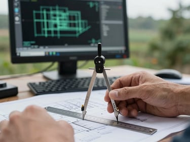 Close-up of hands on a blueprint with a compass and ruler, a computer screen with structural modeling software in the blurred background, overcast natural daylight, cool slate and forest green tones, sharp focus, 35mm, documentary engineering photography.