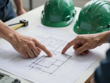 Close-up of an engineer's hands pointing at a detailed structural blueprint on a drafting table, with a hardhat and measuring tools nearby. Natural overcast light, sharp focus, cool slate and forest green tones.