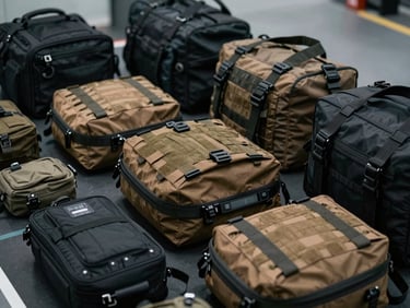 Close-up knolling shot of organized tactical medical gear on a dark surface, overcast daylight, desaturated cool tones with amber accents, sharp focus, 35mm