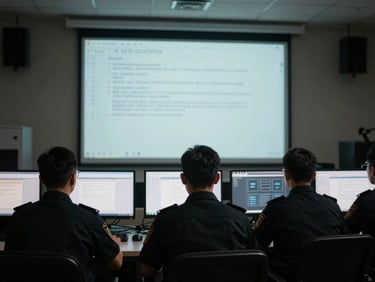 Low-light command room with screen glow, showing a team member in professional uniform at a tactical workstation, desaturated cool tones with amber accents, sharp focus, 35mm