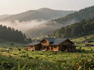 Wide environmental landscape shot of a modern rustic farmhouse nestled in a green valley, soft mountain mist, warm daylight, 35mm.