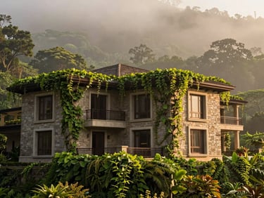 Close-up architectural exterior of a premium stone villa in Lonavala, lush green vines, misty golden-hour light, 35mm.