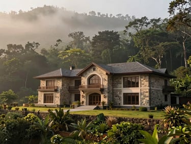 Architectural exterior of a premium stone villa in Lonavala, misty golden-hour daylight, rich forest green surroundings, 35mm.