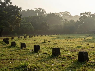 Warm editorial photograph of a sun-drenched grass plot with clear stone boundary markers in Maval, soft morning mist, 35mm.