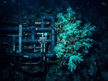 Dramatic overhead macro shot of glowing neon-teal coral reef structures next to complex high-pressure PVC hydraulic manifolds under deep-water bioluminescent lighting, technical CAD vector lines overlay, 35mm lens.