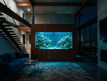 Dramatic wide-angle shot of a luxury residential interior featuring a massive, pristine aquascaped wall installation, bioluminescent teal lighting, clean architectural lines, 35mm photography.
