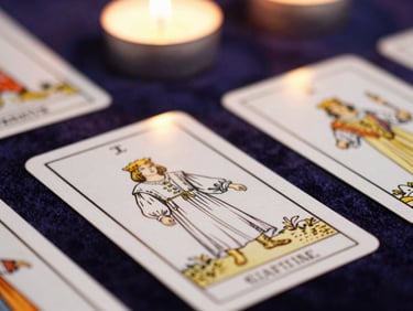 Close-up of elegant tarot cards with delicate gold line art on a dark purple velvet cloth, soft candlelight casting warm golden highlights, shallow depth of field