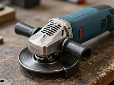 Close-up of an electric angle grinder on a worn workbench, natural light from the side catching the metal body and ventilation slots, tool texture and wear visible, no background clutter