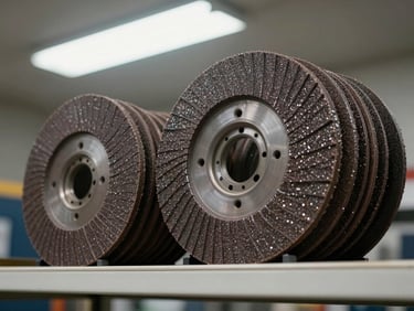 Stack of abrasive cutting discs and grinding wheels on a shop shelf, fluorescent ceiling light overhead, metal-fleck texture on disc faces visible in close framing, honest industrial setting