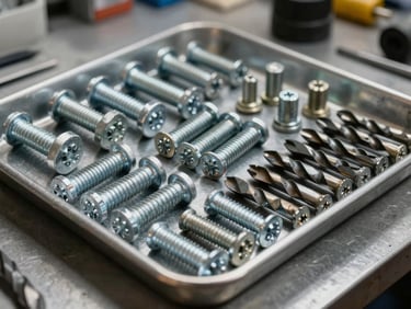 Assorted fixings — bolts, anchors, drill bits, screws — spread across a metal tray on a shop counter, available daylight from the left, macro framing showing material texture and variety