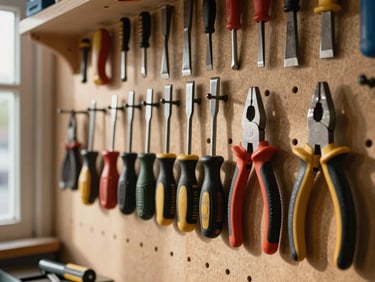 Row of hand tools — chisels, screwdrivers, pliers — hanging on a pegboard wall inside a shop, daylight from a nearby window casting slight shadows, handles showing real use and wear, tight framing