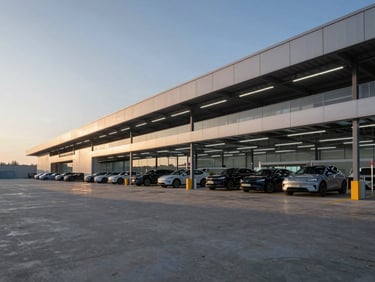 Extreme wide-angle architectural shot of an advanced automotive logistics hub under cool early-morning northern light, geometric shadows