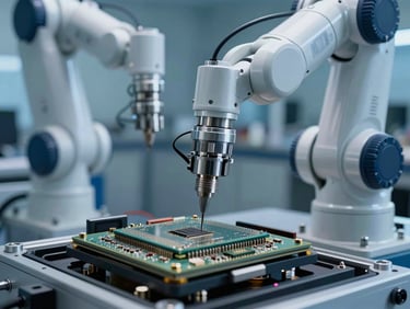 Ultra-tight macro detail of a high-precision automotive cleanroom robot arm assembling microchips, cool diffused northern light, slate blue shadows