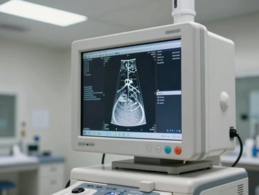 Diagnostic imaging console screen in a radiology suite, monitor displaying scan interface, clean grey-white equipment panels under fluorescent clinical lighting, no patients