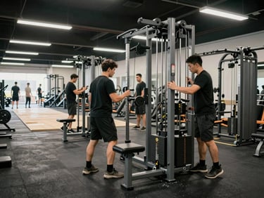 Wide-angle view of technicians positioning commercial gym equipment during installation, rubber flooring being laid in the background, overhead lighting in a large facility space, hands-on operational work visible