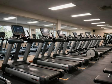 Row of commercial treadmills and elliptical machines aligned on a gym floor under fluorescent ceiling lights, screens active, no users present, wide framing showing facility scale