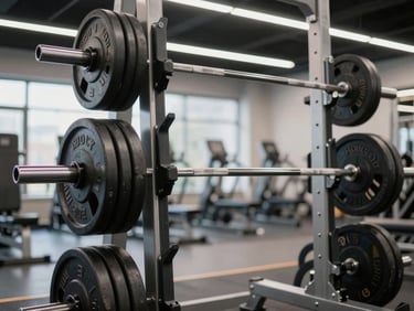 Close-up of a commercial barbell rack loaded with weight plates in a gym facility under bright overhead lighting, steel finish visible, institutional scale