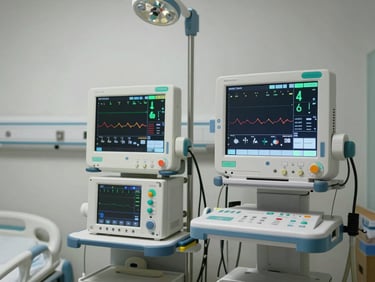 Patient monitoring station in a hospital ward, multi-parameter monitor displaying vitals on screen, equipment mounted on a clean white panel with cable management, clinical overhead lighting