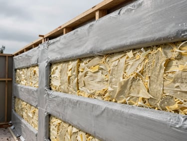 Detail of a high-performance wall assembly during construction, showing dense insulation layers and airtight weather barriers under overcast light.