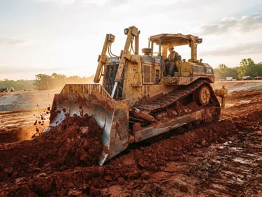 Low-angle heroic shot of a yellow bulldozer cutting red Piedmont clay under bright morning sunlight, sharp focus, 35mm
