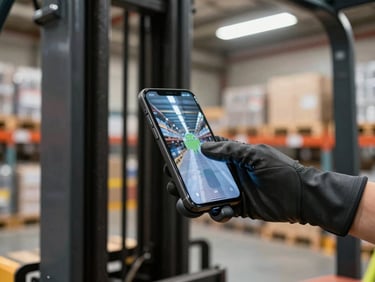 Close-up overhead shot of a gloved hand swiping an Android phone mounted to a warehouse forklift handle, fluorescent warehouse lighting overhead, blurred pallet stacks in background, device screen reflecting the aisle