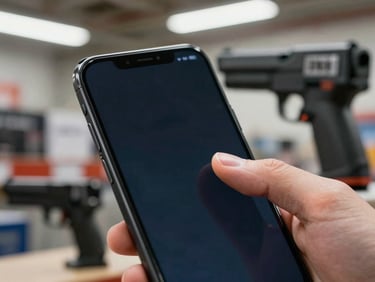 Extreme close-up of a thumb pressing an Android phone screen, retail price-gun and barcode scanner blurred in background, overcast warehouse fluorescent light, device in portrait orientation, no text visible on screen