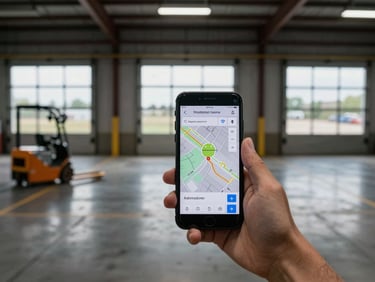 Wide overhead shot of a warehouse floor with a hand holding an Android phone displaying a route manifest, overcast natural light through loading bay doors, pallet jack visible in the background