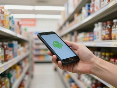 Close-up of a retail worker's hand holding an Android device scanning a shelf barcode under bright fluorescent store lighting, merchandise blurred in the background