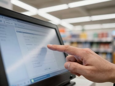 Extreme close-up of a thumb tapping a retail inventory screen on an Android device, harsh overhead fluorescent store lighting, blurred shelving gondolas in background, visible screen reflection on glass