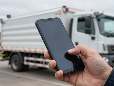 Extreme close-up of a field technician's hand gripping an Android phone outdoors in overcast daylight, a utility truck visible in the background, glare catching the screen edge