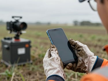 Wide environmental shot of a field technician's hand holding an Android phone outdoors, overcast natural light, blurred utility equipment in background, mud-flecked work glove, device screen partially visible
