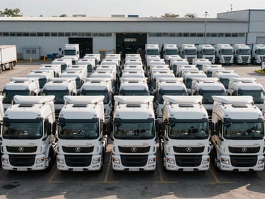 Fleet of diesel trucks parked in a staging yard at daylight, straight-on wide shot, vehicles in orderly rows, industrial facility visible in background