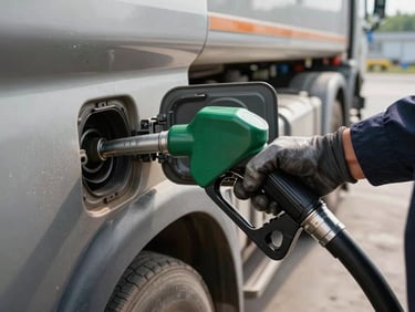 Close-up of a diesel fuel nozzle inserted into a truck tank inlet, operator's gloved hand gripping the handle, daylit concrete yard visible in background