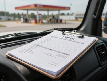 Delivery documentation on a clipboard resting on a truck dashboard, a printed schedule visible, truck cab window showing a fuel depot in daylight background