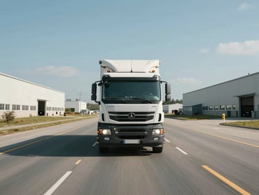 Tanker truck moving on a wide industrial road, shot from a straight-on angle, daytime, motion visible, open road ahead with warehouses on either side