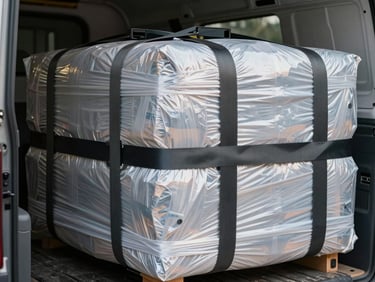 A close-up of heavy furniture wrapped in thick protective stretch wrap and secured with heavy-duty industrial straps inside a cargo vehicle.