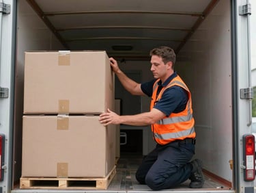 A focused, uniformed crew member in high-visibility orange accents systematically securing double-walled cargo boxes inside a clean, brightly lit moving truck.