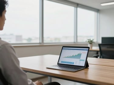 Bright modern office in Brazil, soft daylight filtering through large windows, a clean wooden desk with a digital tablet showing financial charts, over-the-shoulder view, professional corporate tones.